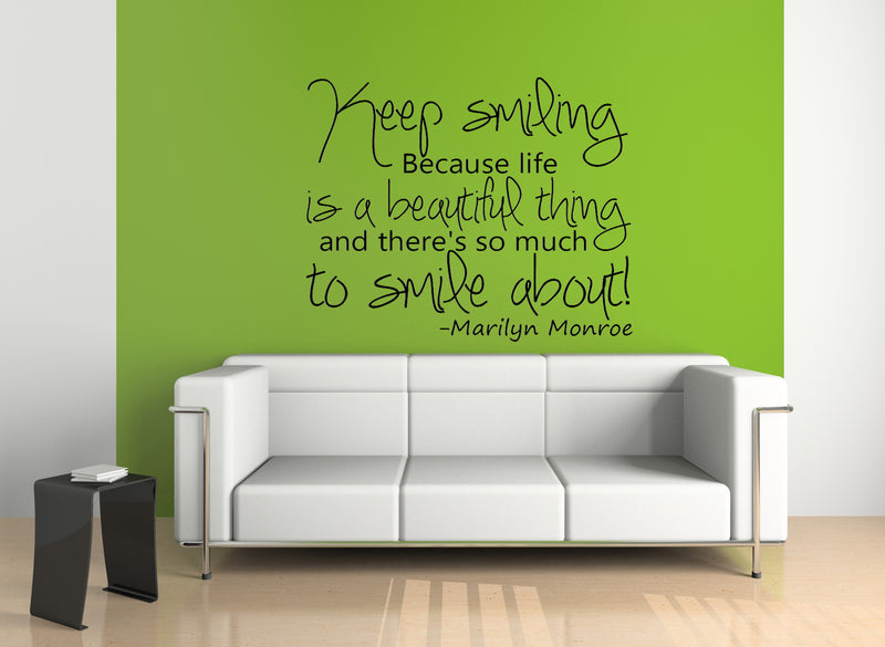 Keep Smiling; because life is a beautiful thing.. Inspirational Quote Vinyl Wall Art Decal - Decoration Vinyl Sticker   2