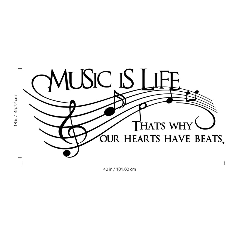 Imprinted Designs Music is Life. That’s Why Our Hearts Have Beats Vinyl Wall Decal Sticker Art 42" X 18" Black 18"x40"