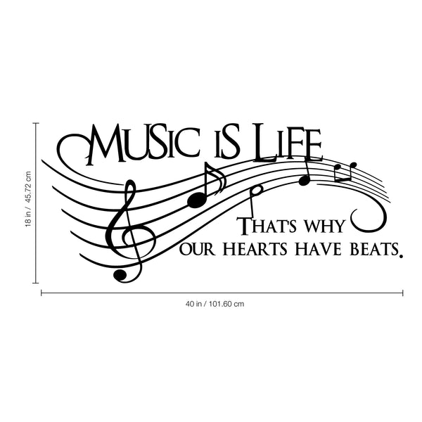 Vinyl Wall Art Decal - Music is Life. That's Why Our Hearts Have Beats - Modern Cool Musical Design Quote for Home Apartment Bedroom Living Room Office Workplace Classroom School Decor