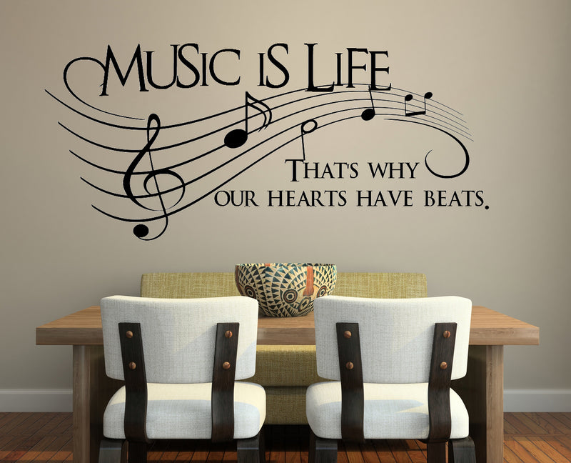 Vinyl Wall Art Decal - Music is Life. That's Why Our Hearts Have Beats - Modern Cool Musical Design Quote for Home Apartment Bedroom Living Room Office Workplace Classroom School Decor   2