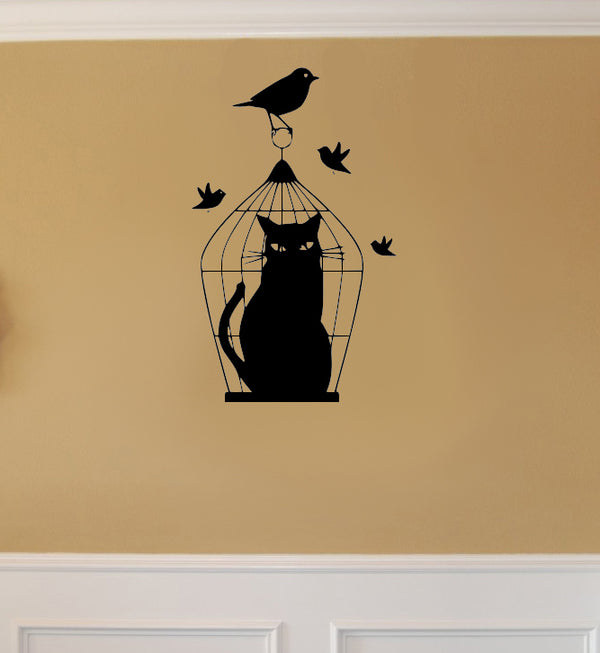 Birds Revenge Caged Kitty with Birds Wall Decal Sticker Art - Animals Vinyl Decal Sticker - Cute Vinyl Decal Sticker Wall Decoration