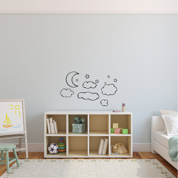 Clouds; Moon & Stars - Set 12 Vinyl Wall Art Decals - Bedroom Vinyl Wall Decor Stickers - Dorm Room Vinyl Decal Wall Decor - Kids Room Vinyl Wall Decals - Cloudy Sky Pattern Vinyl