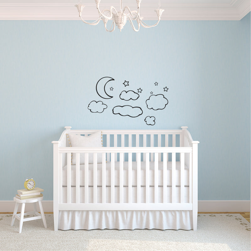 Clouds; Moon & Stars - Set 12 Vinyl Wall Art Decals - Bedroom Vinyl Wall Decor Stickers - Dorm Room Vinyl Decal Wall Decor - Kids Room Vinyl Wall Decals - Cloudy Sky Pattern Vinyl   2