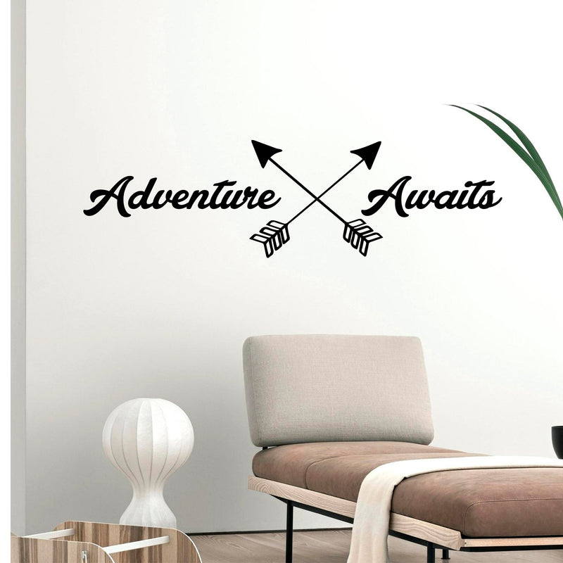 Adventure Awaits Lettering - Inspirational Life Quotes - Wall Art Decal - 11" x 39" Decoration Vinyl Sticker - Apartment Bedroom Living Room Vacations Travel Peel Off Stickers (11" x 39"; Black) Black 11" x 39"