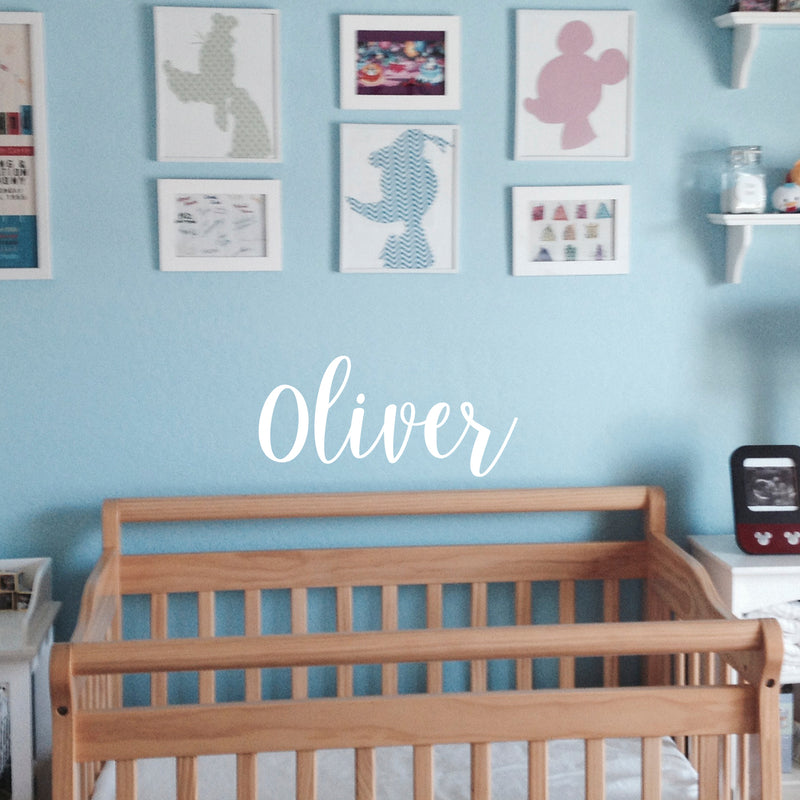 Vinyl Wall Art Decal Boys Custom Name - ’Oliver’ Custom Text Name - 12" x 30" - Little Boys Bedroom Vinyl Wall Decals - Cute Wall Art Decals for Baby Boy Nursery Room Decor (12" x 30"; White Cursive) White 12" x 30"