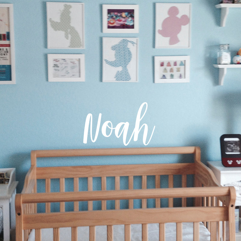 Vinyl Wall Art Decal Boys Custom Name - ’NOAH’ Custom Text Name - 12" x 23" - Little Boys Bedroom Vinyl Wall Decals - Cute Wall Art Decals for Baby Boy Nursery Room Decor (12" x 23"; White Cursive) White 12" x 23" 3