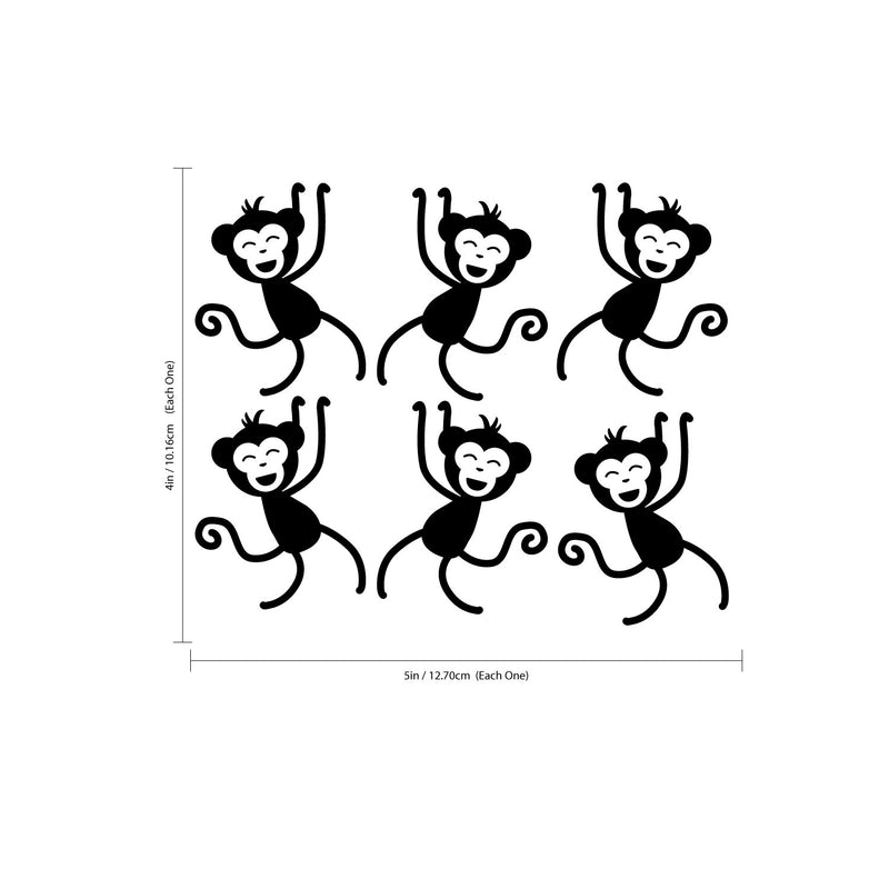 Set of 6 Vinyl Wall Art Decals - Monkeys - 4" x 5" Each - Bedroom Wall Art Vinyl Stickers - Unisex Nursery Animal Theme Decal - Kids Room Vinyl Wall Stickers Black 4" x 5" 3