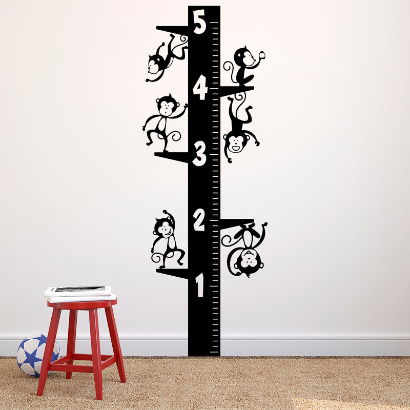 Nursery Vinyl Wall Art Decal - Cute Hanging Monkeys Growth Chart - 64" x 23" - Childrens Bedroom Removable Vinyl Wall Decals - Baby Zoo Animals Unisex Little Kids Room Play Area Daycare Black 64" x 23"