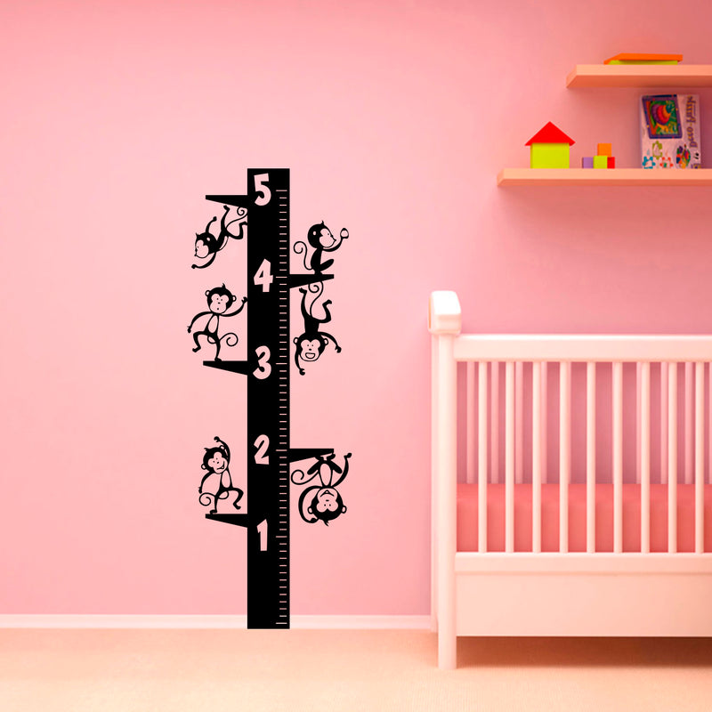 Nursery Vinyl Wall Art Decal - Cute Hanging Monkeys Growth Chart - 64" x 23" - Childrens Bedroom Removable Vinyl Wall Decals - Baby Zoo Animals Unisex Little Kids Room Play Area Daycare Black 64" x 23" 2