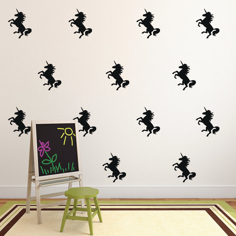 Set of 20 Vinyl Wall Art Decals - Unicorns Pattern - 5" x 4" Each - Beautiful Girly Stencil Adhesives - Decal for Girls Teens Nursery Living Room Bedroom Dorm Room Decor (5" x 4" Each; Black) Black 5" x 4" each