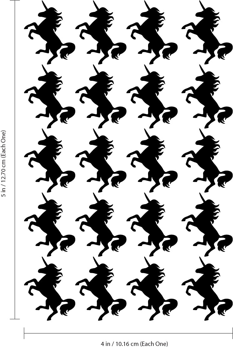 Set of 20 Vinyl Wall Art Decals - Unicorns Pattern - 5" x 4" Each - Beautiful Girly Stencil Adhesives - Decal for Girls Teens Nursery Living Room Bedroom Dorm Room Decor (5" x 4" Each; Black) Black 5" x 4" each 4