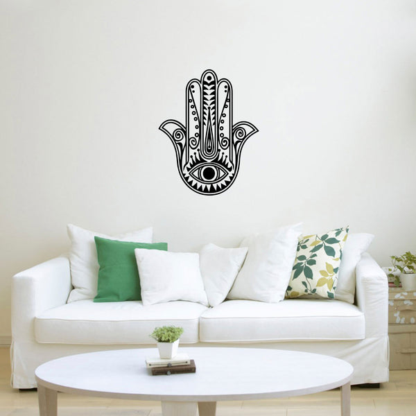 Vinyl Wall Art Decal - Hamsa Hand - Hand of Fatima Evil Eye Protection Blessing Symbol - Home Apartment Decor - Yoga Studio Namaste Meditation Mandala House Warming Gift (29" x 23"; White)