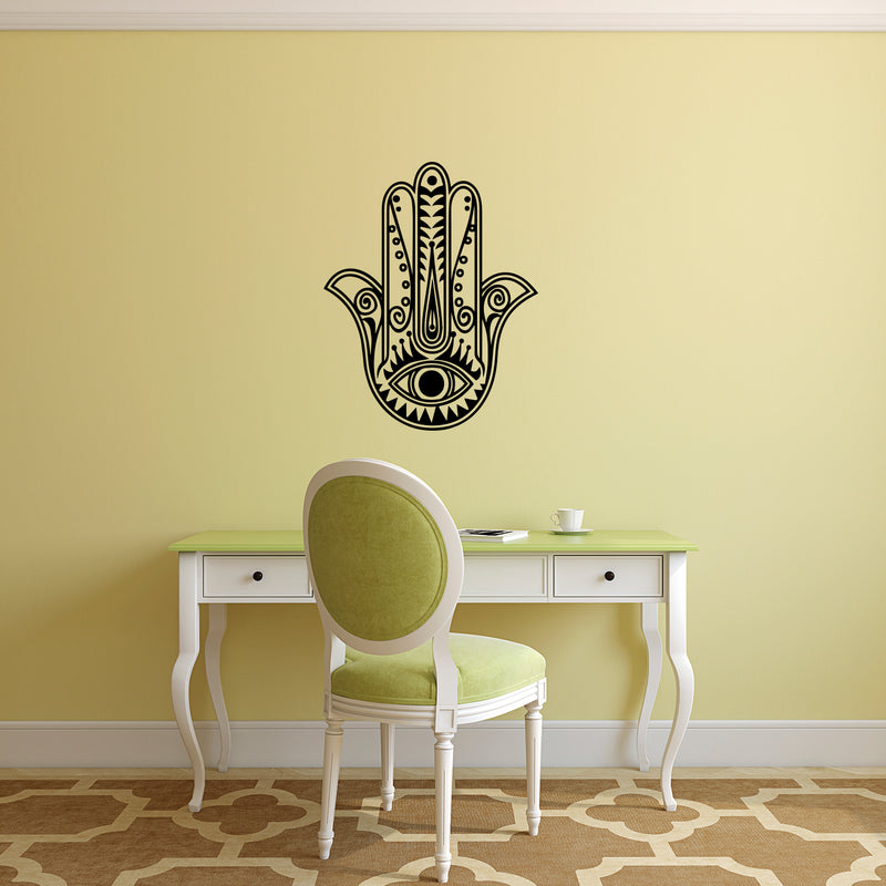 Vinyl Wall Art Decal - Hamsa Hand - Hand of Fatima Evil Eye Protection Blessing Symbol - Home Apartment Decor - Yoga Studio Namaste Meditation Mandala House Warming Gift (29" x 23"; White)   2