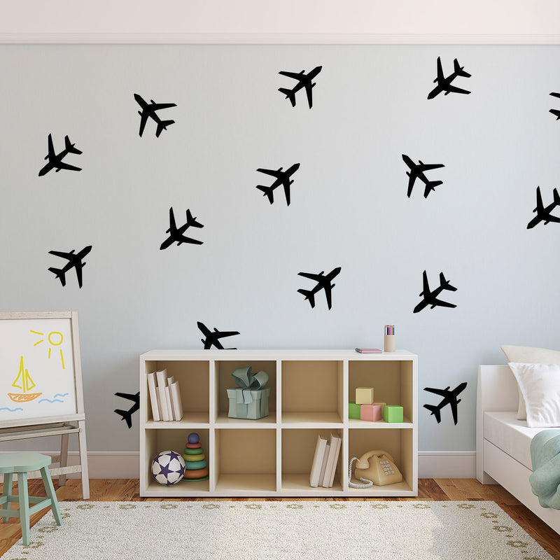 Set of 20 Vinyl Wall Art Decals - Airplanes Patterns - 5" x 5" Each - Cool Adhesive Sticker Shapes For Kids Toddlers Teens Bedroom Playroom Living Room Home Apartment Decorations (5" x 5" each; Black) Black 5" x 5" each 2