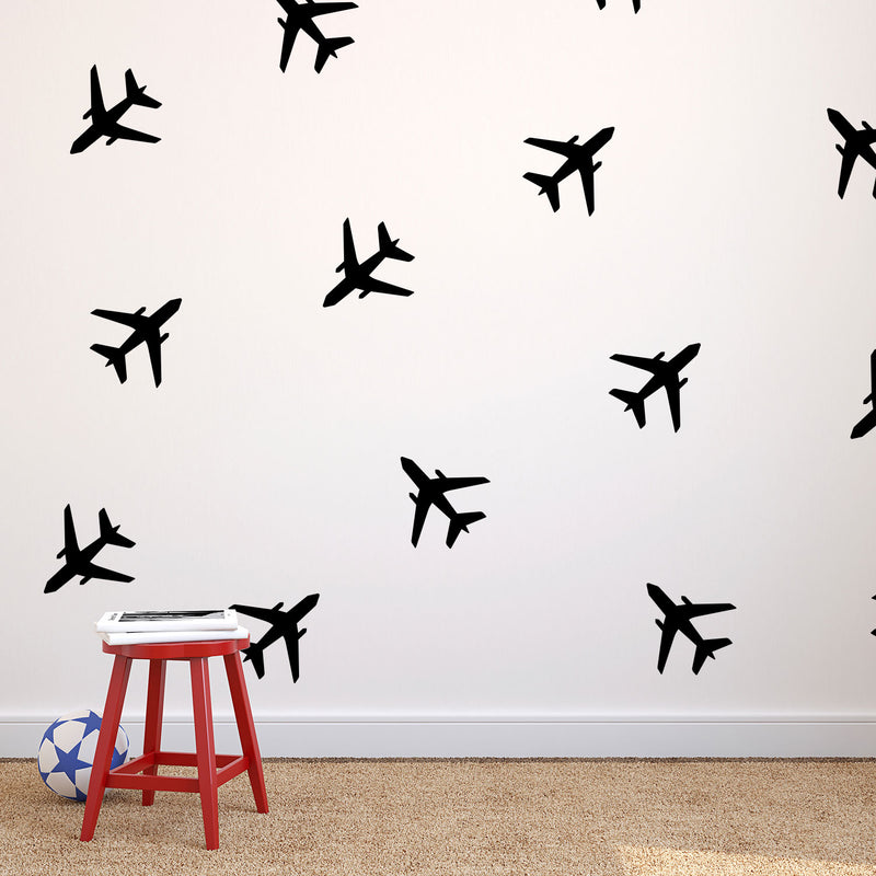 Set of 20 Vinyl Wall Art Decals - Airplanes Patterns - 5" x 5" Each - Cool Adhesive Sticker Shapes For Kids Toddlers Teens Bedroom Playroom Living Room Home Apartment Decorations (5" x 5" each; Black) Black 5" x 5" each 3