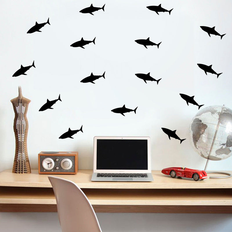 Set of 21 Vinyl Wall Art Decals - Shark Patterns - Each - Cool Adhesive Sticker Shapes For Boys Toddlers Teens Bedroom Playroom Living Room Home Apartment Decorations (3" x 7"; Black)   4