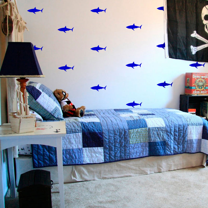 Set of 21 Vinyl Wall Art Decals - Shark Patterns - 3" x 7" Each - Cool Adhesive Sticker Shapes for Boys Toddlers Teens Bedroom Playroom Living Room Home Apartment Decorations (3" x 7"; Blue) Blue 3" x 7" each 4