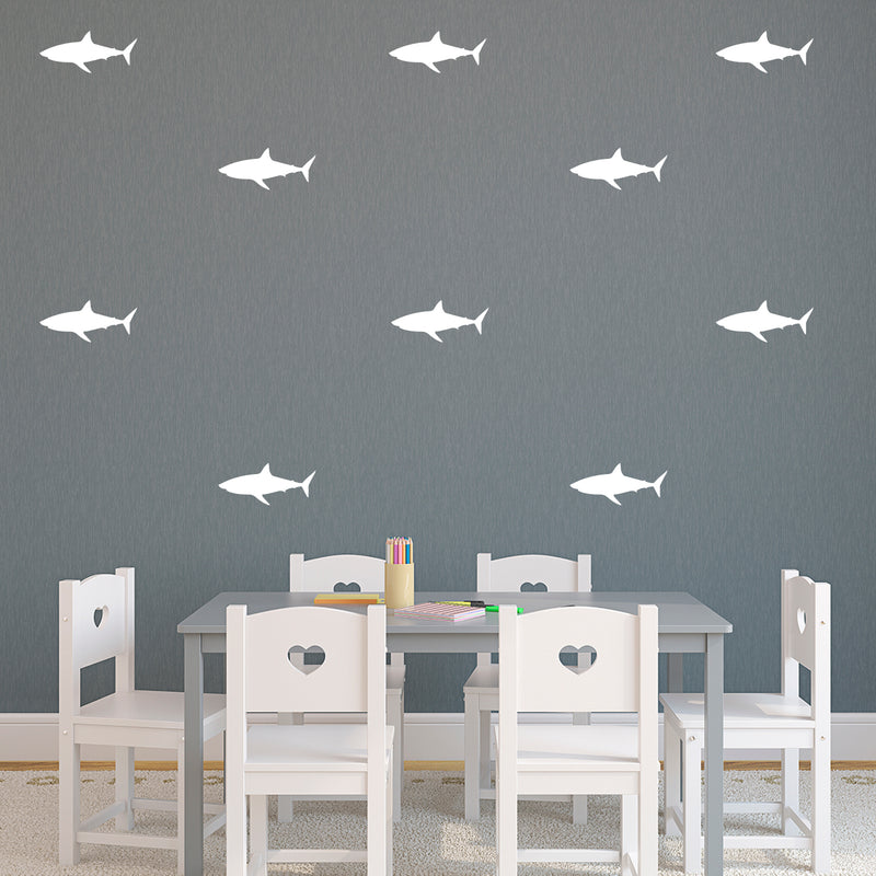 Set of 21 Vinyl Wall Art Decals - Shark Patterns - 3" x 7" Each - Cool Adhesive Sticker Shapes For Boys Toddlers Teens Bedroom Playroom Living Room Home Apartment Decorations (3" x 7"; White) White 3" x 7" each 2