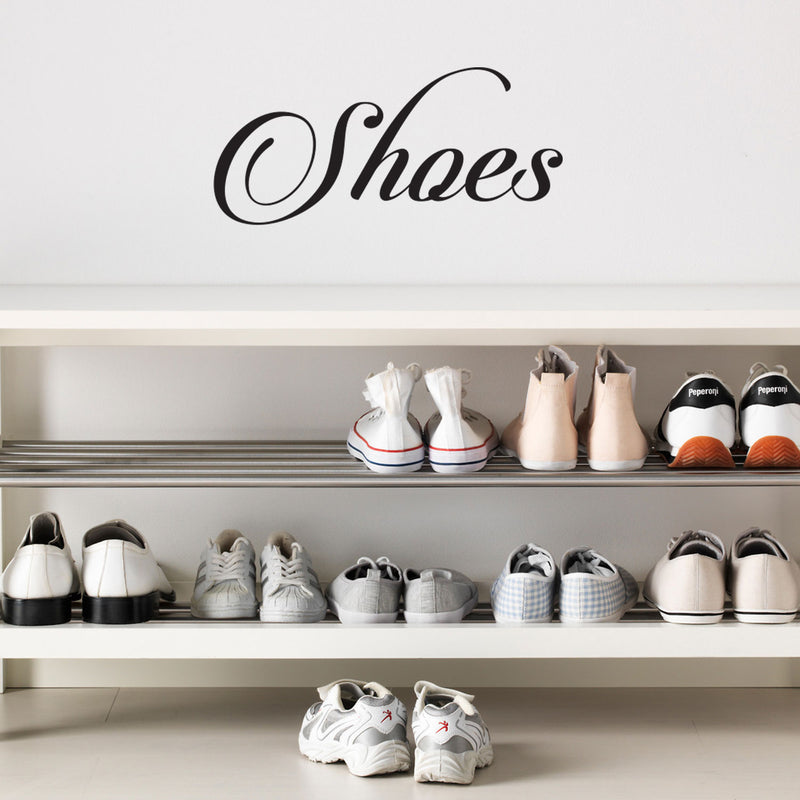 Vinyl Wall Art Decal - Shoes Cursive Lettering Sign - Women's Girl's Bedroom Closet Door Shoe Bin Organization Sticker Label - Home Decor - Trendy Modern Wall Decals