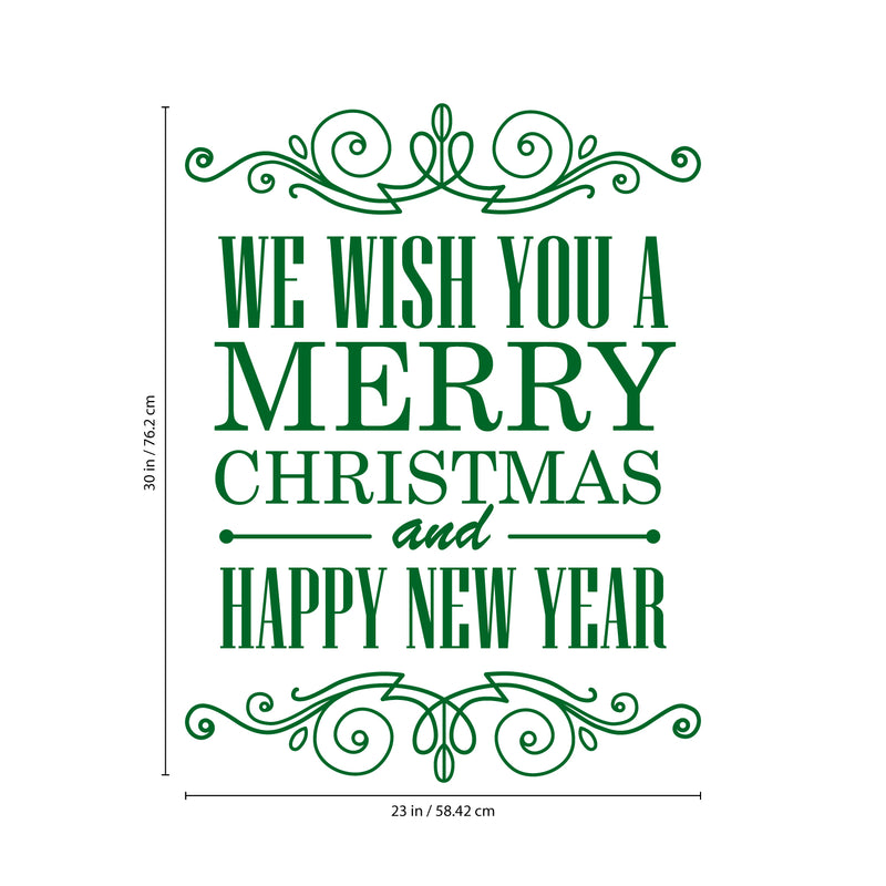 Vinyl Wall Art Decal - We Wish You A Merry Christmas and Happy New Year - 30" x 23" - Christmas Holiday Seasonal Sticker - Home Apartment Wall Door Window Work Decor Decals (30" x 23"; Green) Green 30" x 23"