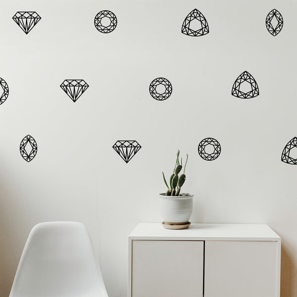 Set of 12 Vinyl Wall Art Decals - Jewels - from Each - Modern Home Bedroom Living Room Apartment Nursery Playroom - Girly Toddler Teens Women’s Indoor Outdoor Decor (from Each; Black)