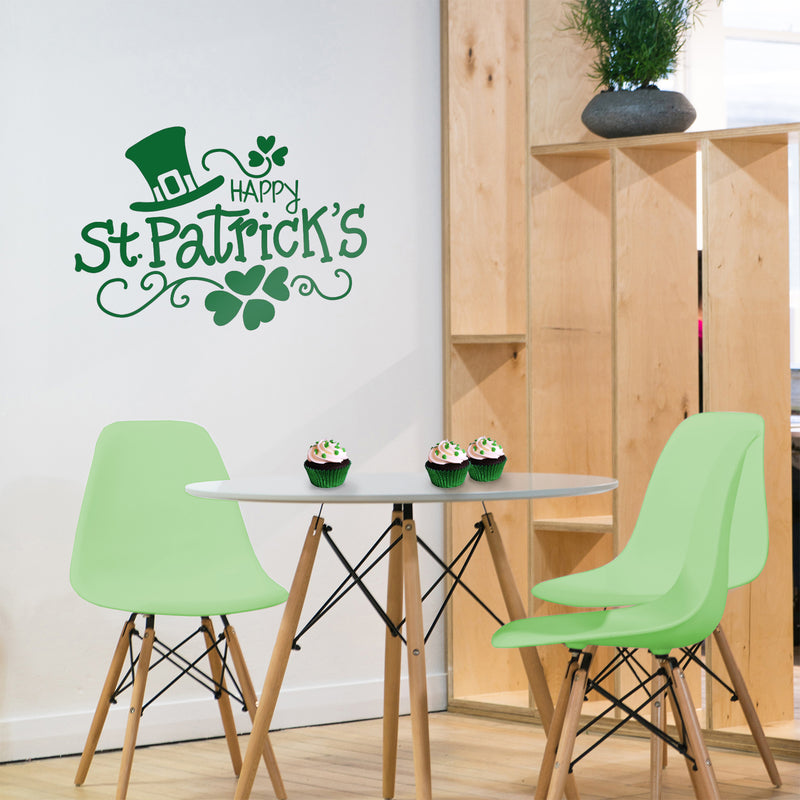 St Patrick’s Day Vinyl Wall Art Decal - Happy St Patrick’s Hat and Clovers - 16" x 23" - St Patty’s Holiday Home Living Room Bedroom Office Workplace Apartment Decor Sticker (16" x 23"; Green) Green 16" x 23" 4