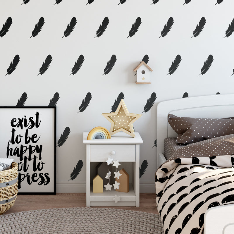 Set of 18 Vinyl Wall Art Decal - Feathers Pattern - 6" x 4.33" Each - Modern Trendy Urban Home Living Room Bedroom Apartment Decor - Office Work Nursery Playroom Stickers (6" x 4.33" each; Black) Black 6" x 4.33" each 3