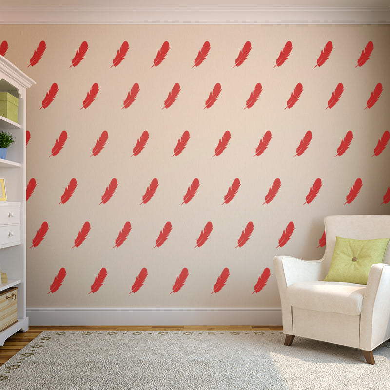 Set of 18 Vinyl Wall Art Decal - Feathers Pattern - 6" x 4.33" Each - Modern Trendy Urban Home Living Room Bedroom Apartment Decor - Office Work Nursery Playroom Stickers (6" x 4.33" each; Red) Red 6" x 4.33" each 2