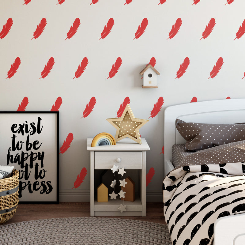 Set of 18 Vinyl Wall Art Decal - Feathers Pattern - 6" x 4.33" Each - Modern Trendy Urban Home Living Room Bedroom Apartment Decor - Office Work Nursery Playroom Stickers (6" x 4.33" each; Red) Red 6" x 4.33" each 3