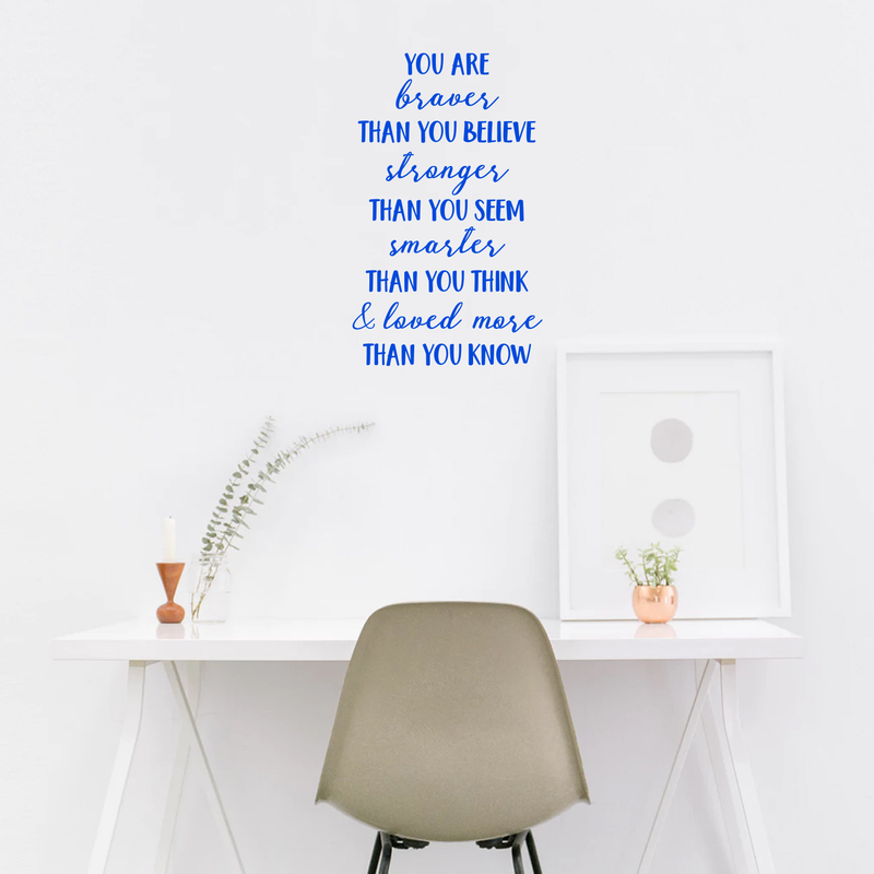 Vinyl Wall Art Decal - You Are Braver Than You Believe - 28" x 17" - Inspirational Positive Self Esteem Quote For Home Bedroom Living Room Office Workplace Classroom Indoor Decoration Blue 28" x 17" 3