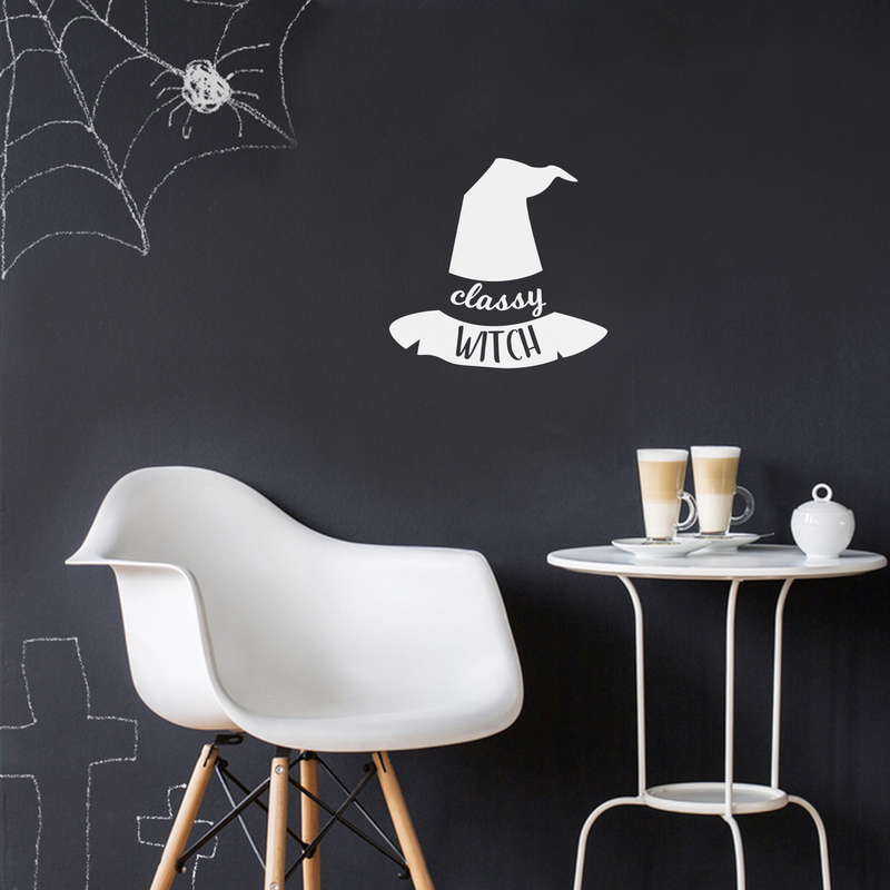 Vinyl Wall Art Decal - Classy Witch - 17" x 18" - Trendy Halloween Season Hat Shape Cursive Quote For Home Bedroom Living Room School Classroom Office Decoration Sticker White 17" x 18" 2