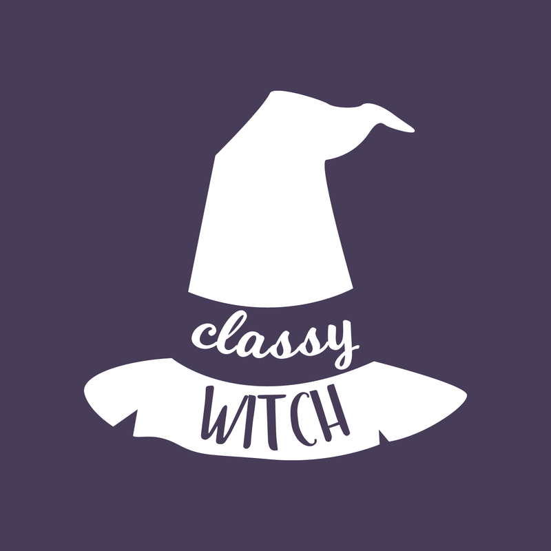 Vinyl Wall Art Decal - Classy Witch - 17" x 18" - Trendy Halloween Season Hat Shape Cursive Quote For Home Bedroom Living Room School Classroom Office Decoration Sticker White 17" x 18" 4