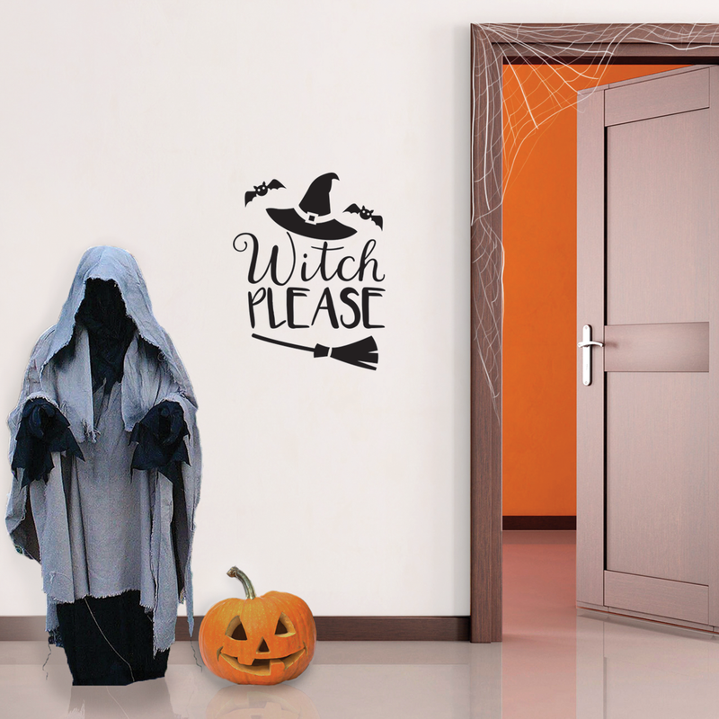 Vinyl Wall Art Decal - Witch Please - 22" x 17" - Trendy Halloween Season Hat Broom Bats Shape Quote For Home Bedroom Living Room School Classroom Office Decoration Sticker Black 22" x 17" 3