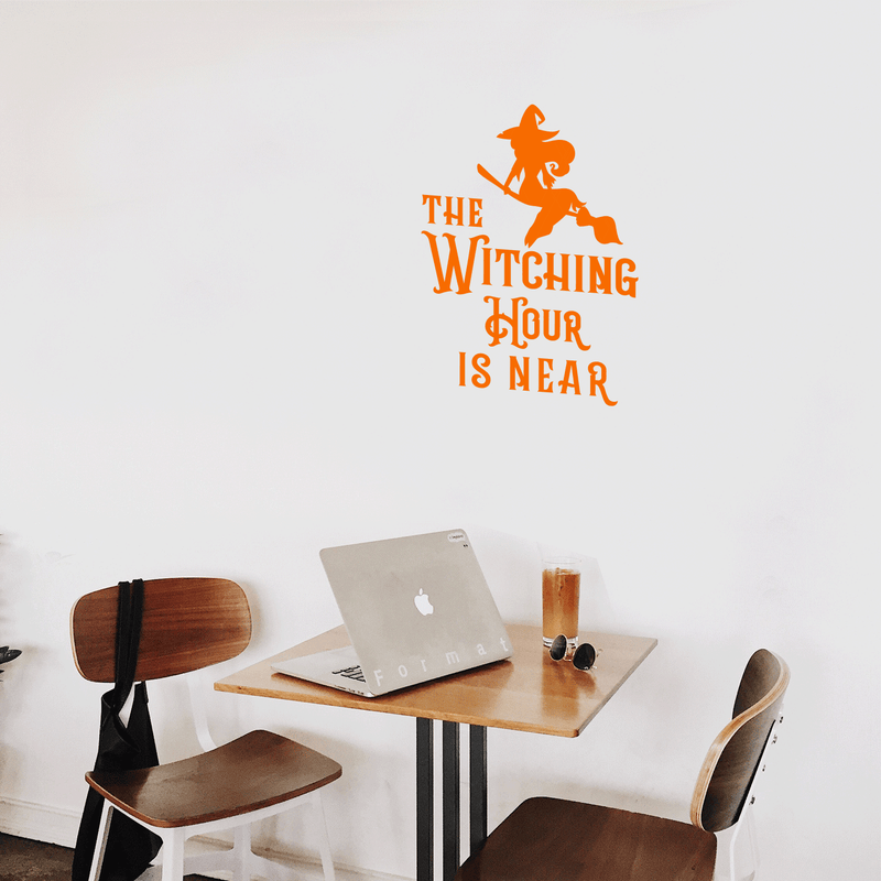 Vinyl Wall Art Decal - The Witching Hour Is Near - 21" x 17" - Trendy Halloween Season Quote Witch Figure For Home Bedroom Living Room School Classroom Office Decoration Sticker Orange 21" x 17" 2