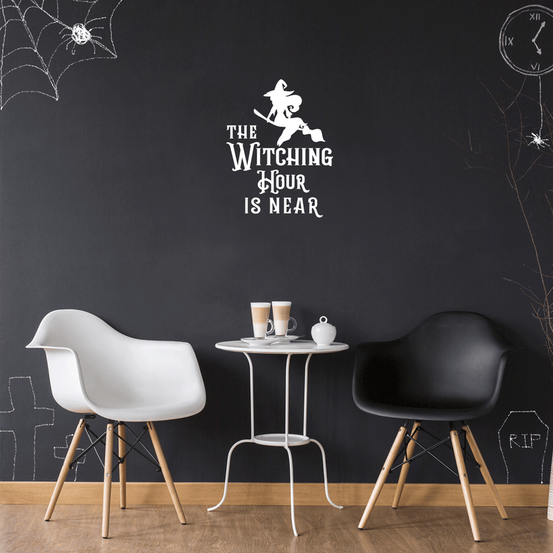 Vinyl Wall Art Decal - The Witching Hour Is Near - 21" x 17" - Trendy Halloween Season Quote Witch Figure For Home Bedroom Living Room School Classroom Office Decoration Sticker White 21" x 17" 3