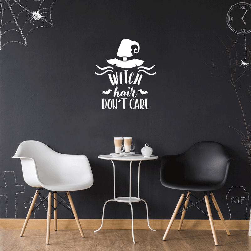 Vinyl Wall Art Decal - Witch Hair Don't Care - 19.5" x 17" - Trendy Halloween Season Broom Hat Shape For Home Bedroom Living Room School Classroom Office Decoration Sticker White 19.5" x 17" 2