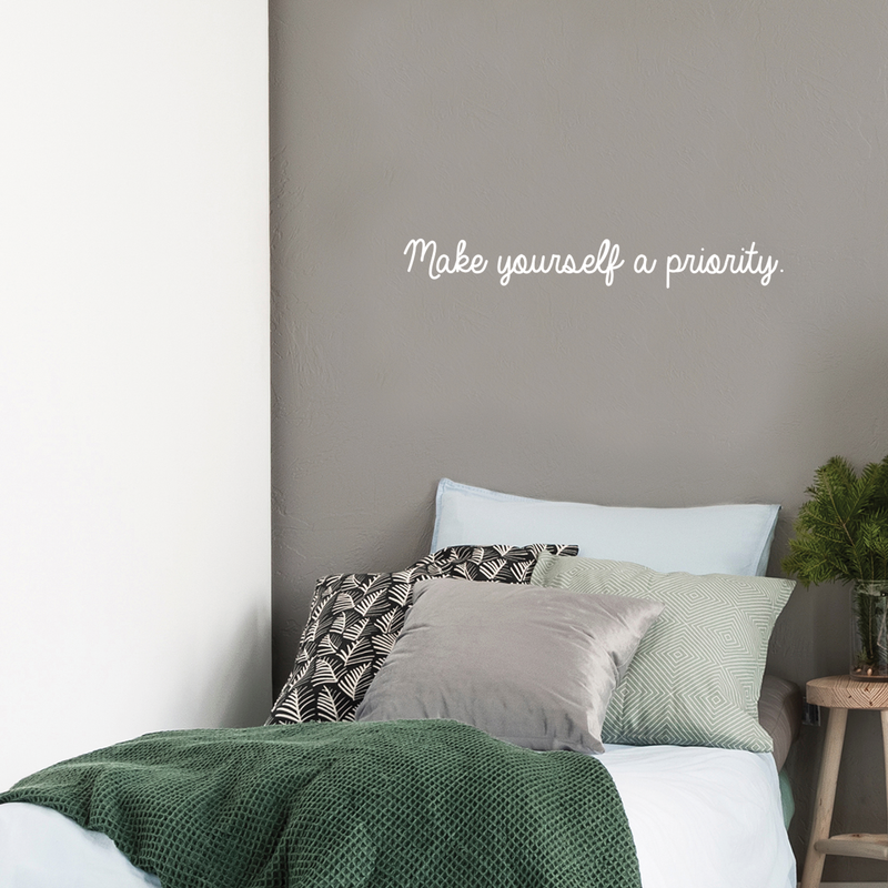 Vinyl Wall Art Decal - Make Yourself A Priority - 4" x 30" - Trendy Inspirational Quote For Home Bedroom Living Room Office Workplace Decoration Sticker White 4" x 30" 3