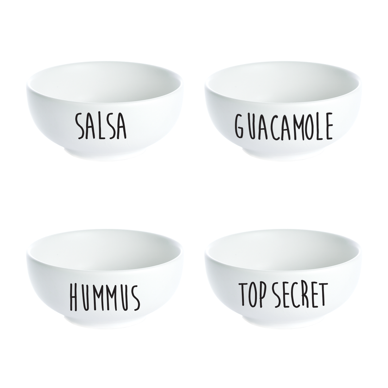 Vinyl Art Decals - Set of 4 Bowl Labels - 1.5" x 5" Each - Kitchen Bowls Cupboard Jars Containers Pantry Organization Decor Guacamole Salsa Hummus Top Secret Labels Black 1.5" x 5" each 3