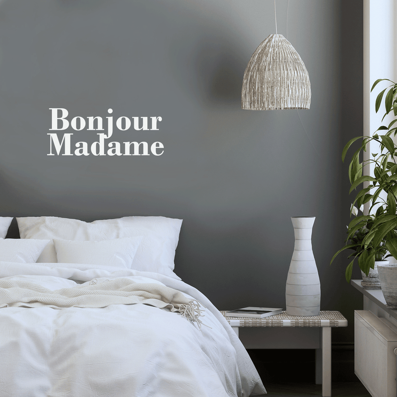 Vinyl Wall Art Decal - Bonjour Madame - 12" x 30" - Trendy Cute French Good Morning Quote For Women Home Bedroom Girls Room Living Room Office Decoration Sticker White 12" x 30"