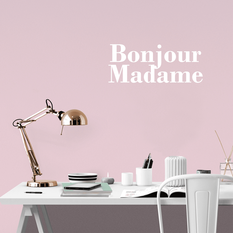 Vinyl Wall Art Decal - Bonjour Madame - 12" x 30" - Trendy Cute French Good Morning Quote For Women Home Bedroom Girls Room Living Room Office Decoration Sticker White 12" x 30" 4