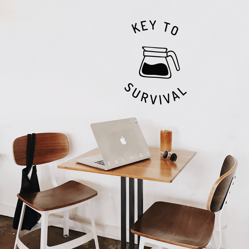 Vinyl Wall Art Decal - Key To Survival - 22" x 17" - Trendy Funny Quote For Coffee Lovers Home Kitchen Living Room Coffee Shop Office Cafe Decoration Sticker Black 22" x 17" 4