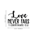 Vinyl Wall Art Decal - 1 Corinthians 13:8 Love Never Fails - 16" x 22" - Modern Inspirational Religious Bible Verse Quote For Home Bedroom Office Church Decoration Sticker Black 16" x 22" 3