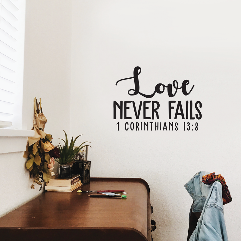 Vinyl Wall Art Decal - 1 Corinthians 13:8 Love Never Fails - 16" x 22" - Modern Inspirational Religious Bible Verse Quote For Home Bedroom Office Church Decoration Sticker Black 16" x 22" 4