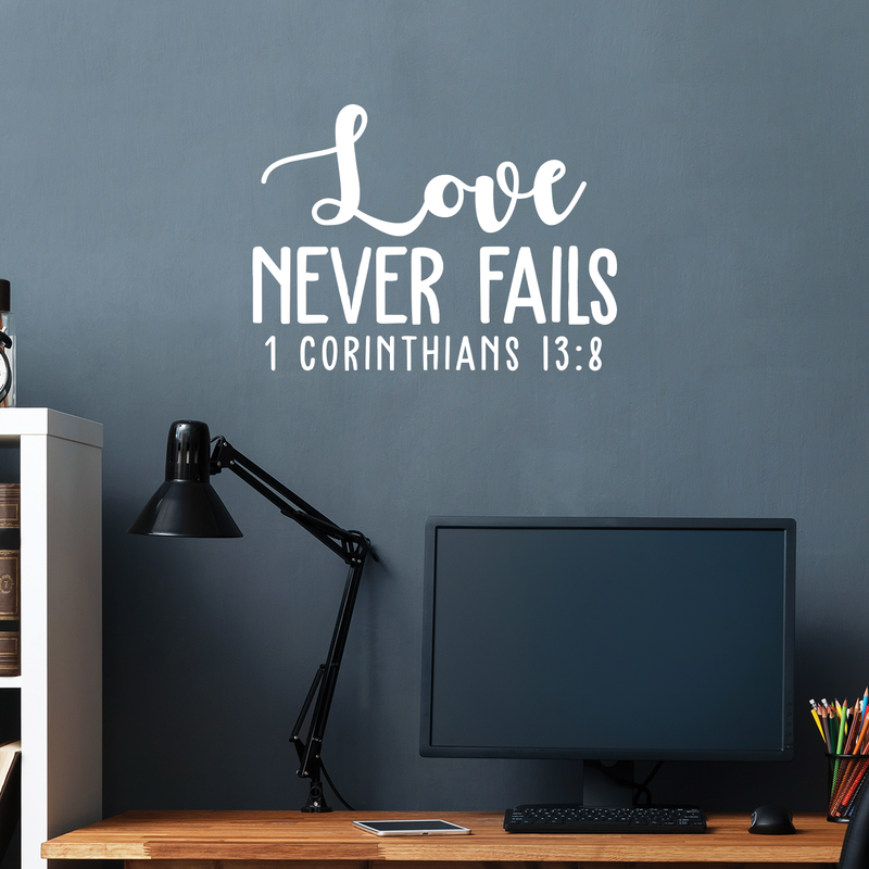 Vinyl Wall Art Decal - 1 Corinthians 13:8 Love Never Fails - 16" x 22" - Modern Inspirational Religious Bible Verse Quote For Home Bedroom Office Church Decoration Sticker White 16" x 22" 4