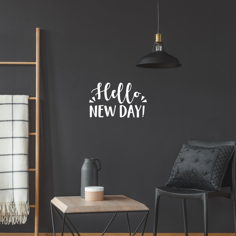 Vinyl Wall Art Decal - Hello New Day - 13.5" x 22" - Trendy Inspirational Sticker Quote For Home Bedroom Living Room Kids Room Nursery School Office Decor White 13.5" x 22" 2