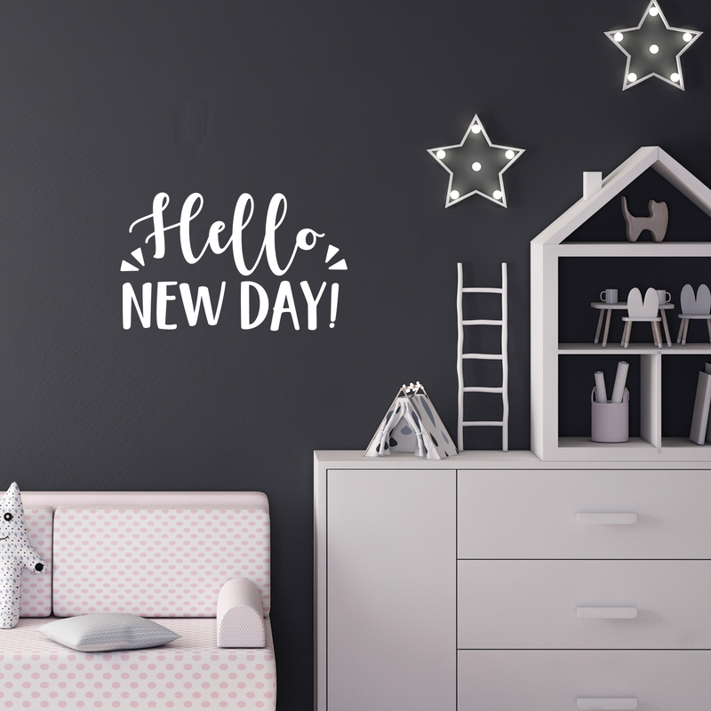 Vinyl Wall Art Decal - Hello New Day - 13.5" x 22" - Trendy Inspirational Sticker Quote For Home Bedroom Living Room Kids Room Nursery School Office Decor White 13.5" x 22" 3