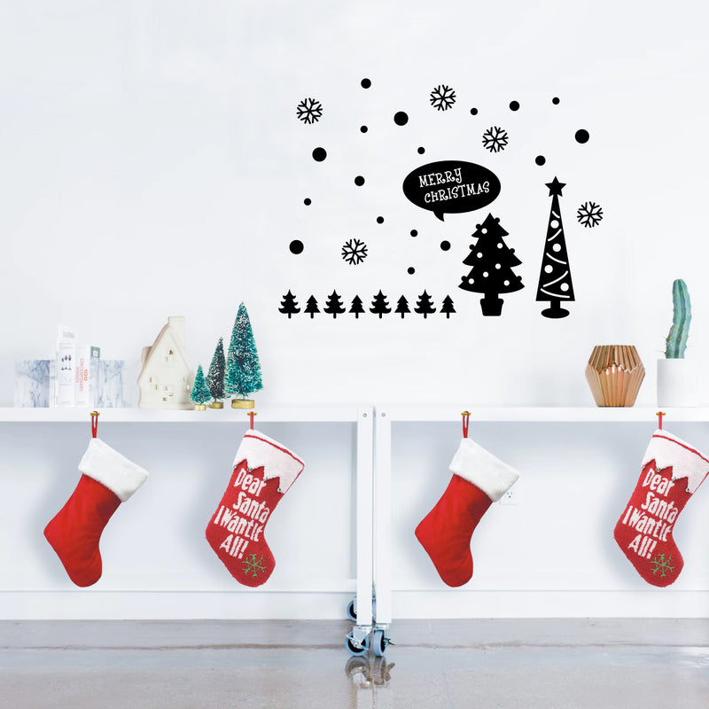 Vinyl Wall Art Decal - Merry Christmas Trees and Snowflakes - Holiday Seasonal Sticker - Indoor Home Apartment Office Wall Door Window Bedroom Workplace Decor Decals (23" x 31"; Black)